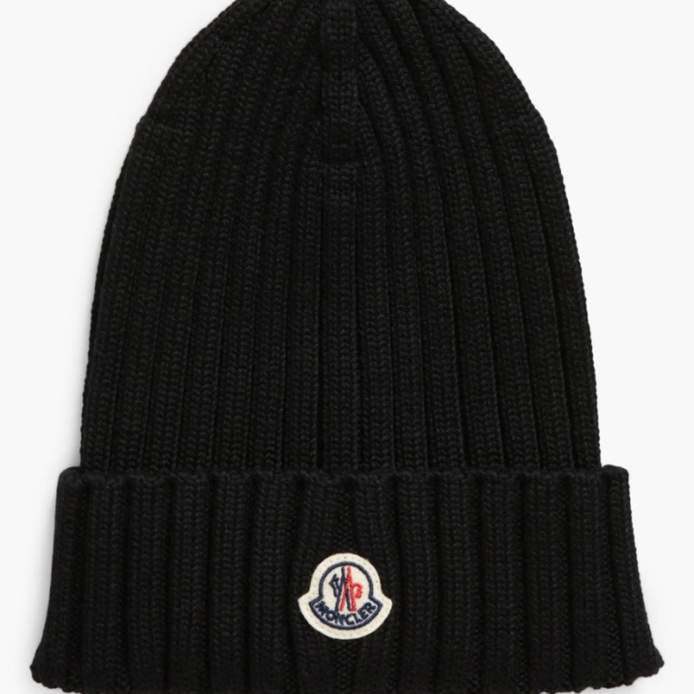 Moncler Logo Patch Cuff Virgin Wool Rib Beanie Winter Hat NWT Unisex